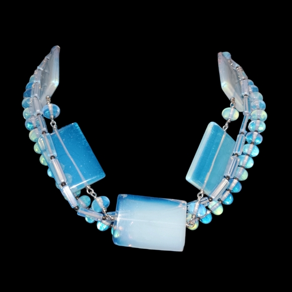 Jewelry Vintage Statement Jewelry 3 Strand Opalite Glass And Silver